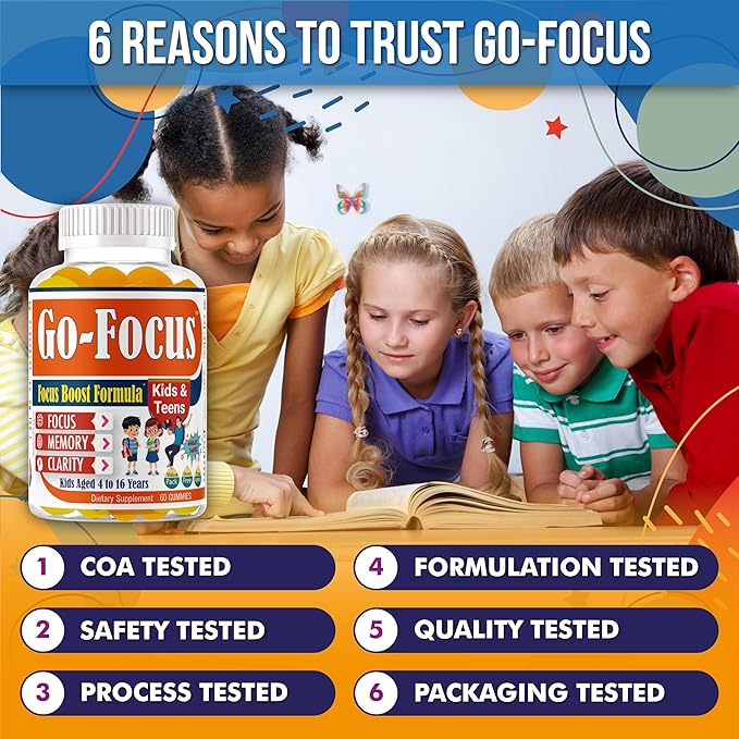BrightKids Brain Supplements for Memory and Focus Omega 3 &amp DHA Focus Gummies for Kids Memory Booster Focus Supplement for Kids &amp Teens- Low-Sugar Natural Fruit Flavor 60 Gummies