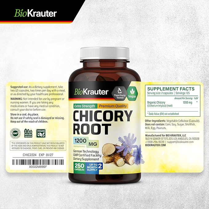 BIO KRAUTER® Chicory Root for Gut &amp Digestive Support - Pure Vegan Prebiotics &amp Fiber Supplement in Capsules 1200 mg per Serving 250 Count - No Fillers Non-GMO - 62 Days of Supply