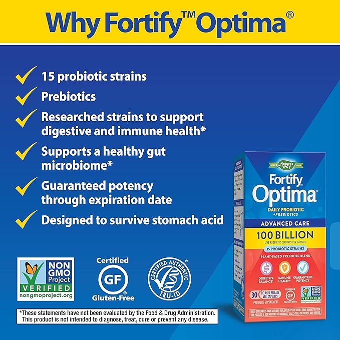 Nature's Way Fortify Optima Probiotic for Adults 100 Billion Live Cultures 15 Strains Supports Digestive and Immune Health* Plant-Based Prebiotic Fiber 30 Capsules (Packaging May Vary)
