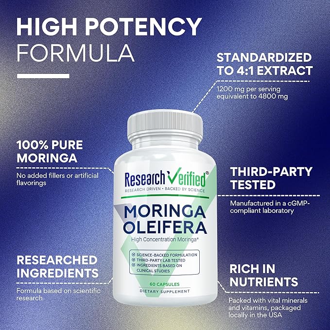 Research Verified Moringa Oleifera - 100% Pure Extract- 1200 mg Per Serving - 60 Count - 3 Month Supply