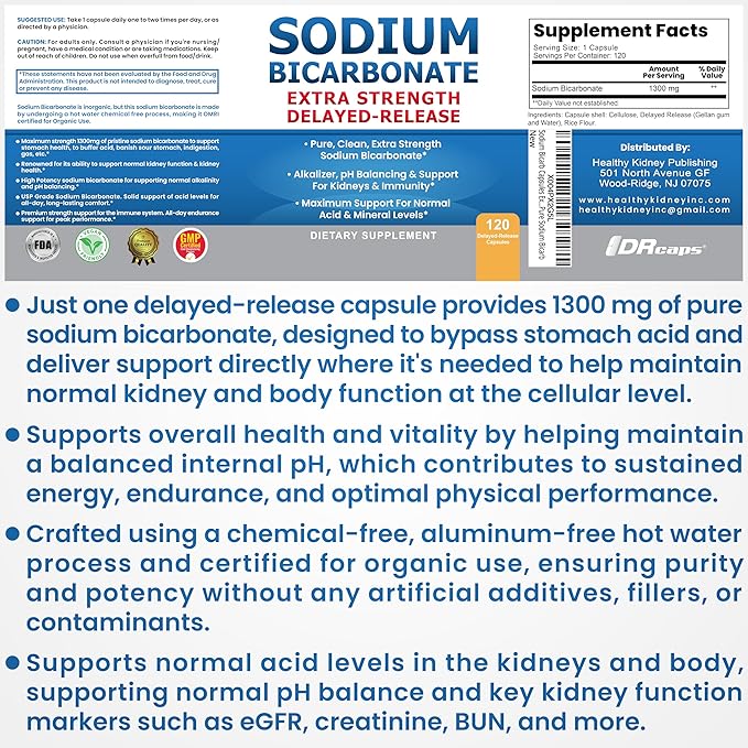 Sodium Bicarbonate Capsules Extra Strength 1300mg Organic Use Sodium Bicarbonate Tablets. Pure Bicarbonate of Soda Strongest Pill of Bicarbonato De Sodio para Tomar Available 120 Sodium Tablets