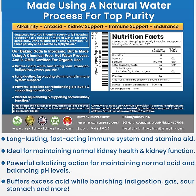 Organic Use Aluminum Free Baking Soda Bulk Supplement Powder in Mason Jar with Lid &amp Spoon - Food Grade &amp Organic Use Baking Soda for pH Balance Kidney Health Antacid &amp Detox Support - 1