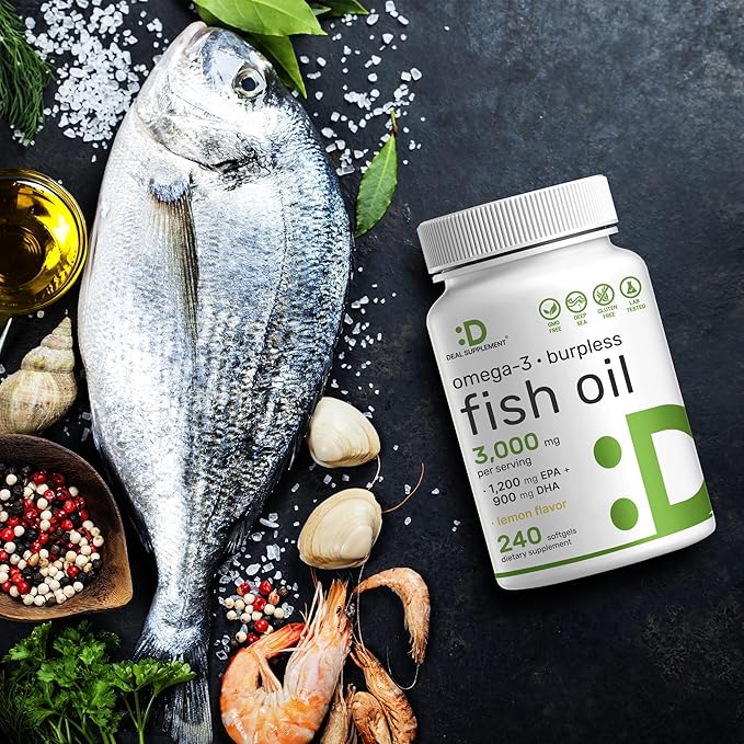 DEAL SUPPLEMENT Omega 3 Fish Oil Supplements 3000mg Per Serving 240 Softgels – EPA 1200mg + DHA 900mg – Burpless Pills Lemon Flavored Wild Caught – Brain &amp Heart Support – Mercury Free Non-