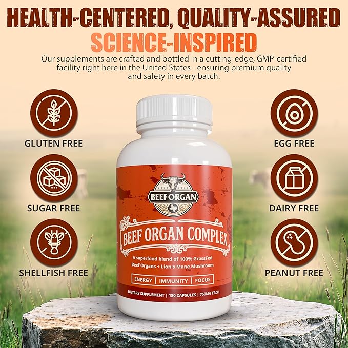 Grass Fed Beef Organ Supplement - Supports Immunity &amp Vitality - Beef Organ Complex for Men &amp Women - Superfood Blend with Lions Mane &amp Cinnamon - Pasture Raised - 180 Capsules