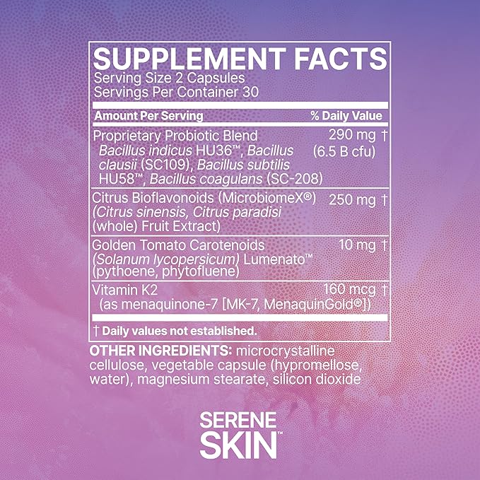 Microbiome Labs SereneSkin - Spore Based Probiotic Complex with Citrus Polyphenols for Skin Clarity &amp Gut Health Support - Daily Probiotic Skincare - Soothe The Gut-Skin Axis (60 Capsules)