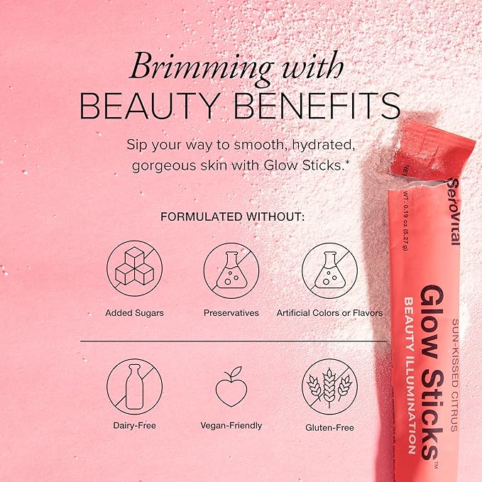 Serovital Glow Sticks Sugar-Free Powder Drink Mix with Hyaluronic Acid Ceramides Electrolytes for Skin Hydration in 14 Days Sun-Kissed Citrus Flavor 28 Packets