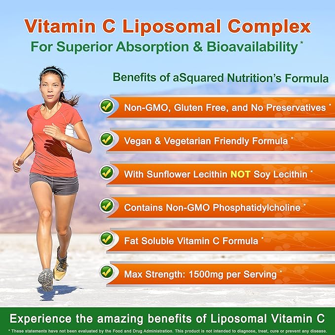 aSquared Nutrition Vitamin C Liposomal Complex - 1500mg Supplement - 180 Capsules - High Absorption VIT C Ascorbic Acid Pills - Supports Immune System &amp Collagen Health - 90 Servings