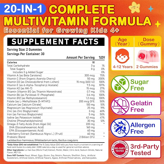 Sugar Free Kids Multivitamin Gummies - Kids Vitamins with Iron Probiotics &amp Omega-3 for Healthy Growth - Plus Elderberry Vitamin C D3 &amp Zinc for Immunity - Ages 4-12 Natural Peach Flavor