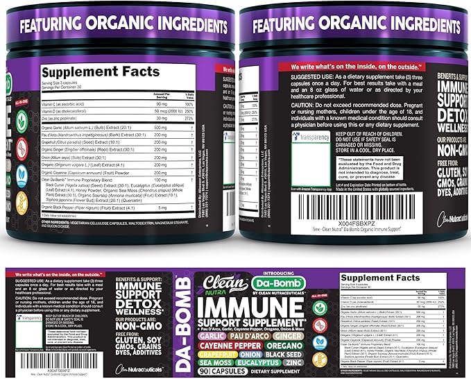 Organic Immune Support with PAU D'Arco Garlic Cayenne Pepper Oregano Ginger Grapefruit Onion Black Seed Sea Moss Black Pepper Zinc Eucalyptus Vitamin C Vitamin D Organic Soursop By Clean Nutra