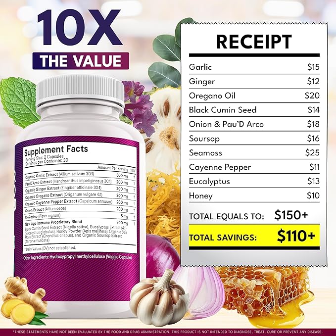NEW AGE Garlic + Ginger Supplement - Oil of Oregano Cayenne Pepper Soursop Black Cumin Sea Moss Black Pepper - Black Seed Cleanse - 120 Count
