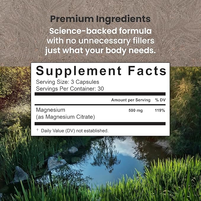 Magnesium Citrate 500mg – 90 Capsules | 30-Day Supply | High Absorption Magnesium for Muscle Nerve &amp Energy Support | Vegan Gluten-Free Non-GMO | Made in USA