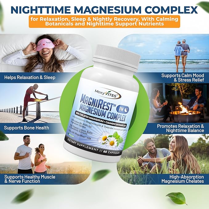 MoxyVites MagniRest PM Magnesium Complex for Women &amp Men - Magnesium Bisglycinate Taurate Active B6 &amp Calming Organic Botanicals - Chelated High Absorption - Nighttime Magnesium 60 Vegan C