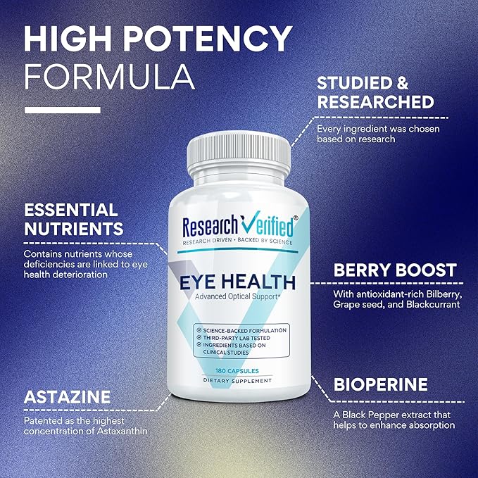 Research Verified Eye Health - Nourish and Protect Eyes and Vision Support Healthy Retina Improve Blood Supply to Eyes - Vitamins A B C and E - 180 Capsules - 3 Month Supply - Made in The USA