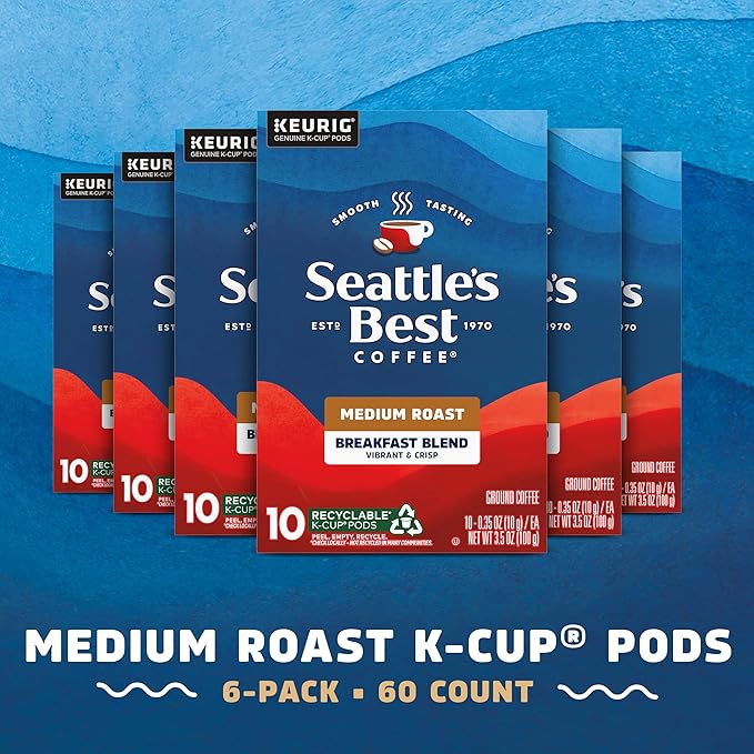 Seattle’s Best Coffee Medium Roast K-Cup Coffee Pods Breakfast Blend 100% Arabica 6 Boxes (60 Pods Total)