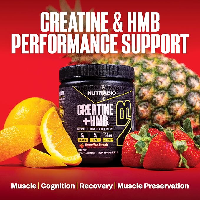 NutraBio Creatine + HMB- Creatine Monohydrate with HMB Powder for Muscle Growth Increased Strength- 30 Servings (Paradise Punch)