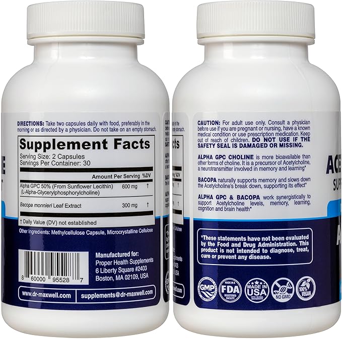 Dr. Maxwell Acetylcholine Alpha GPC Choline 600mg + Bacopa Better Than Each Alone. More Reliable Acetylcholine (Supports Memory &amp Learning) Supplement 60 Capsules