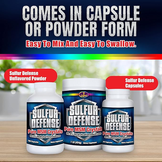 Sulfur Defense Opti-MSM 99.9% Pure MSM Powder Capsules Made in USA Organic Methylsulfonylmethane non-GMO Gluten-Free Immune System Booster Soothes Joint Pain Younger Skin Hair Nails 180 caps
