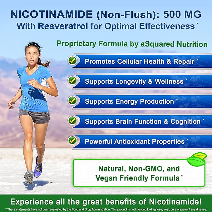 aSquared Nutrition Nicotinamide with Resveratrol - 120 Veggie Capsules - Vitamin B3 500mg (Niacinamide Flush Free) - Supplement Pills to Support NAD Skin Cell Health &amp Energy