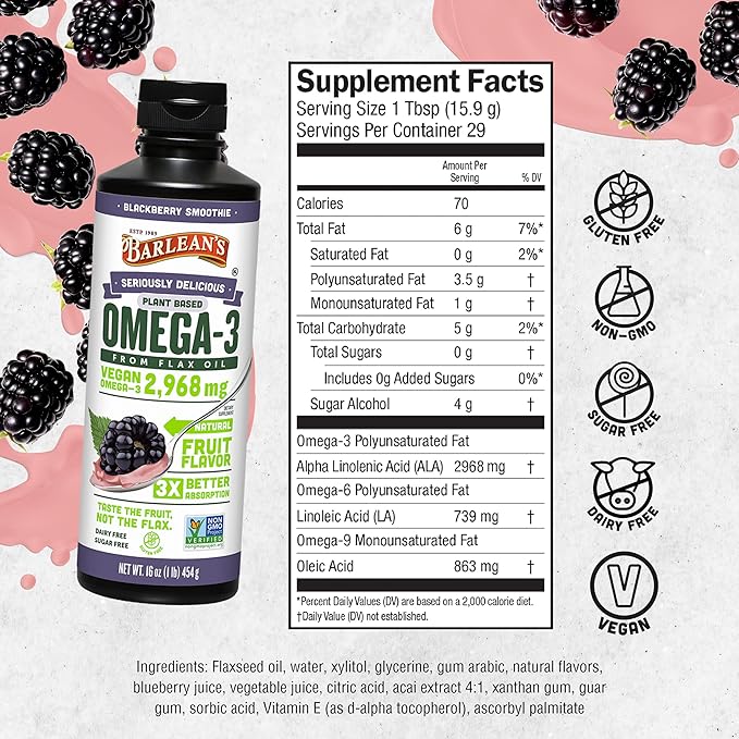 Barlean's Vegan Omega 3 6 9 Flaxseed Oil Liquid Supplement BlackBerry Smoothie Flax Seed Oil 2968 mg ALA Fatty Acid Non-GMO and Gluten Free 16 oz