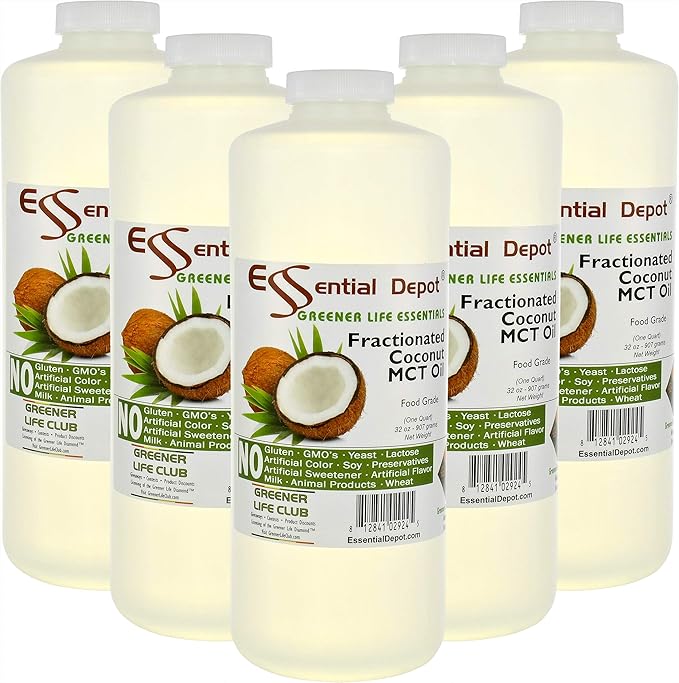 Coconut Oil - Fractionated - MCT (medium-chain triglycerides) - 5 x 1-Quart (32 oz) - liquid - Food Grade - Safety Sealed Resealable HDPE Container Microwave Safe (remove foil seal) Freezer Safe
