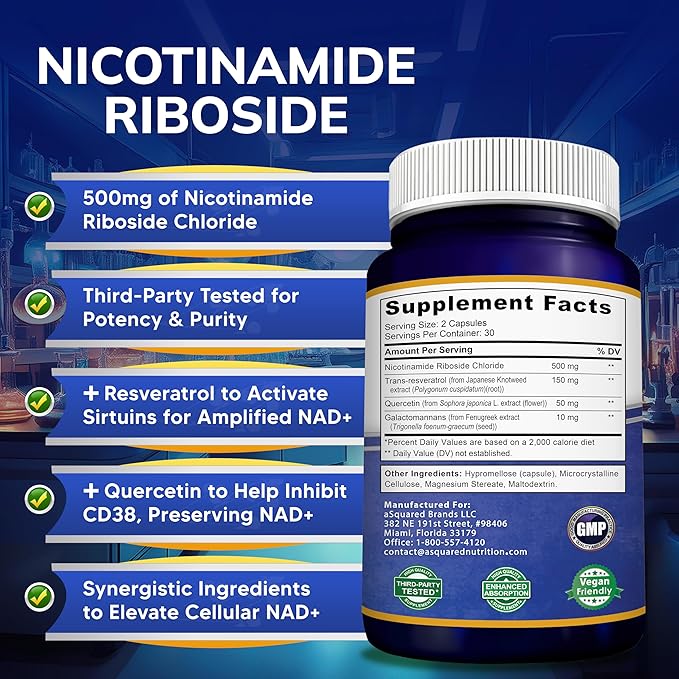 aSquared Nutrition NAD Resveratrol Supplement - NAD+ Nicotinamide Riboside 500mg (Vitamin B3) Plus Trans-Resveratrol &amp Quercetin - NMN Alternative for Men &amp Women - 60 Capsules