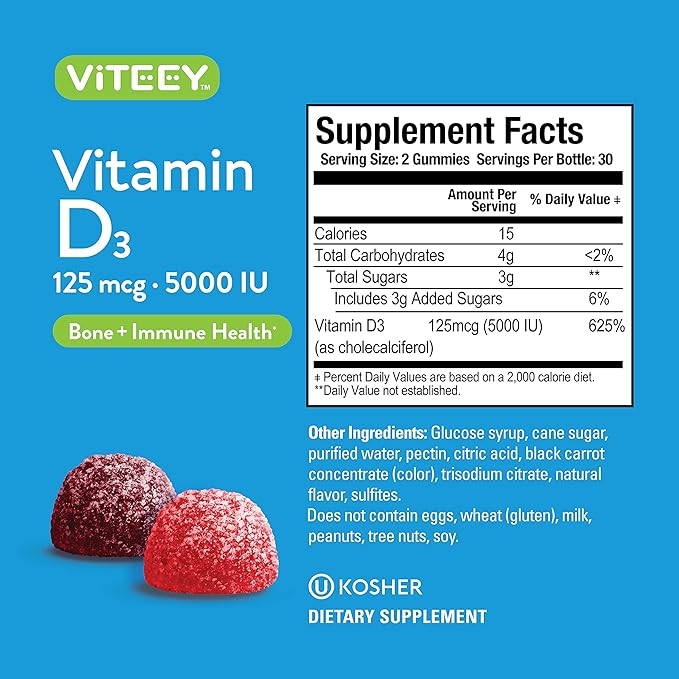 Viteey Vitamin D3 Gummies for Adults &amp Teens - 5000 IU 125mcg Ultra Strength - Joint &amp Muscle Health Immune Boost - Chewable Vitamin D Gummies - Vegetarian Gelatin Free - Tasty Berry Flav