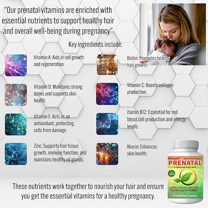 Prenatal Vitamins for Women | Postnatal | Vegan Halal Gelatin Free | with Folate Iron &amp Biotin | Supports Pregnancy Postpartum Energy &amp Hair Health 90 Capsules