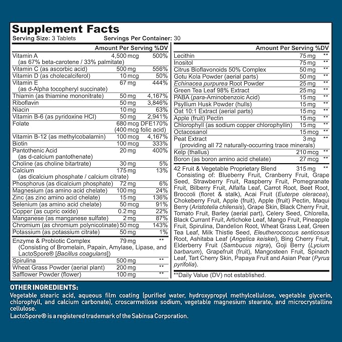 Dr. Tobias Adult Multivitamin for Women &amp Men - Immune Supporting Vitamins from 42 Fruits Vegetables Plus Probiotics Vegan Multivitamins for Men &amp Women - Non-GMO (90 Tablets 30 Servings)