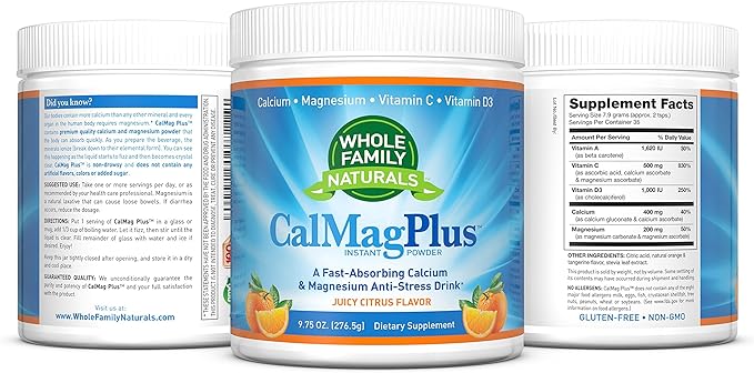 Calcium Magnesium Powder Supplement - CalMag Plus with Vitamin C &amp D3 - Gluten Free Non GMO Orange Tangerine Flavor - Cal Mag Drink - Calcium Supplement with Magnesium for Natural Calm