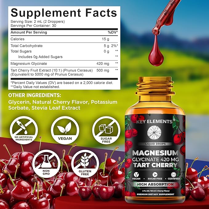 Liquid Magnesium Glycinate 420 Mg with Natural Tart Cherry Extract | Magnesium Glycinate Drops Supplement for Sleep Mood &amp Mobility Support | Tart Cherry Extract