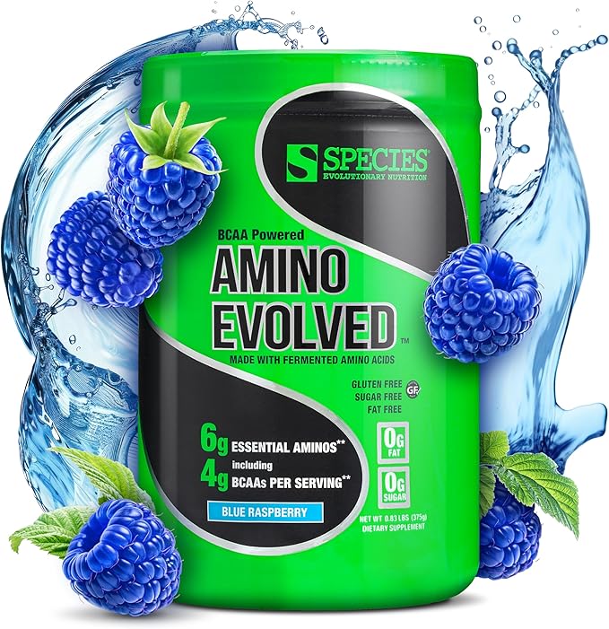 Species Nutrition Amino Evolved EAA &amp BCAA Powder Fermented Branched Chain Amino Acids Muscle Recovery &amp Endurance Pre &amp Post Workout Supplement (Blue Raspberry 30 Servings)
