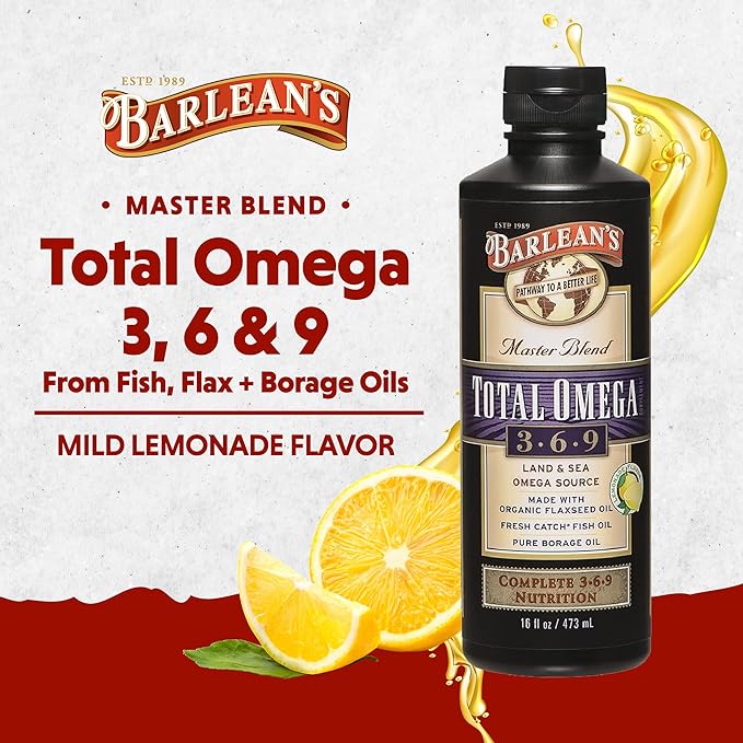 Barlean's Total Omega 3 6 9 Liquid Fish Oil Supplement with Borage and Flaxseed Oil 6468 mg of Omegas EPA DHA ALA and GLA for Joint and Heart Health 16 oz