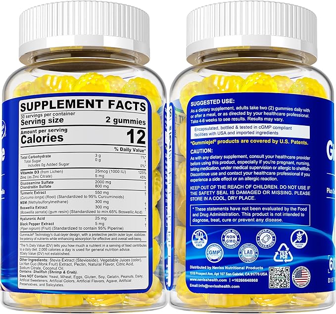 NEVISS Sugar Free Glucosamine Filled Gummies - Glucosamine Supplement Plus Chondroitin MSM Turmeric Boswellia Hyaluronic Acid Vitamin D3 &amp Zinc 120 Gummies 60 Servings