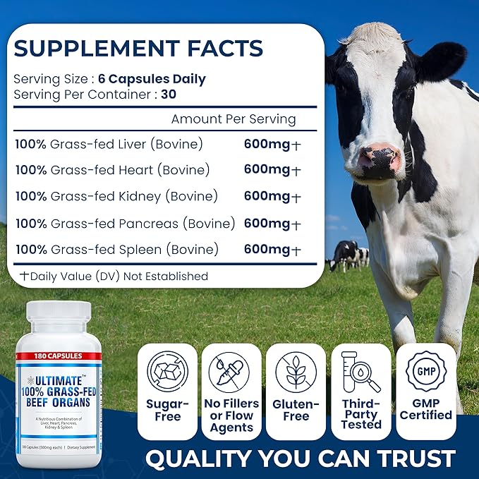 Ultimate 100% Grass Fed Beef Organs Supplement Supports Energy &amp Whole Body Wellness* with a Complex of Desiccated Beef Liver Heart Kidney Pancreas &amp Spleen. Pesticide Free &amp Non-GMO 1