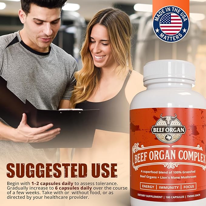 Grass Fed Beef Organ Supplement - Supports Immunity &amp Vitality - Beef Organ Complex for Men &amp Women - Superfood Blend with Lions Mane &amp Cinnamon - Pasture Raised - 180 Capsules