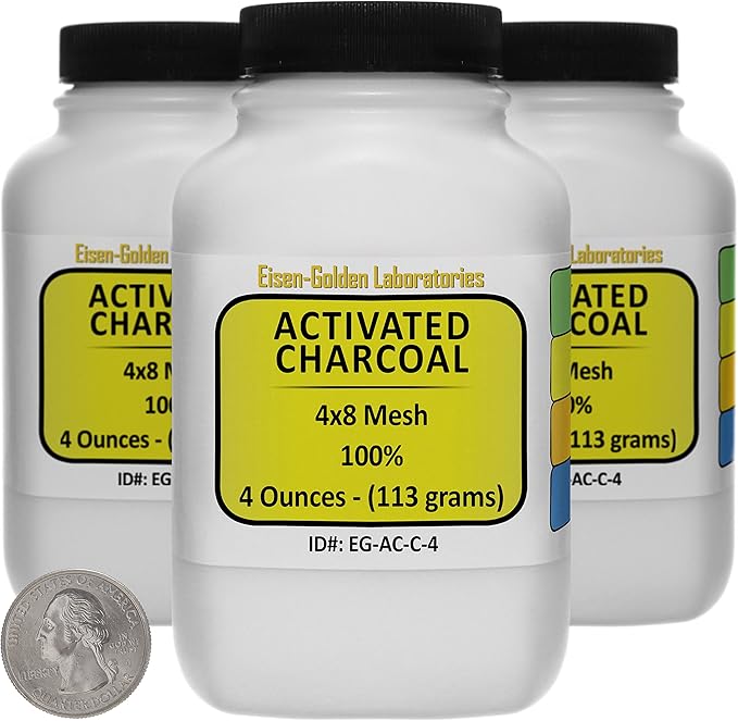 Activated Charcoal [C] 100% ACS Grade Course Granules 12 Oz in Three Space-Saver Bottles