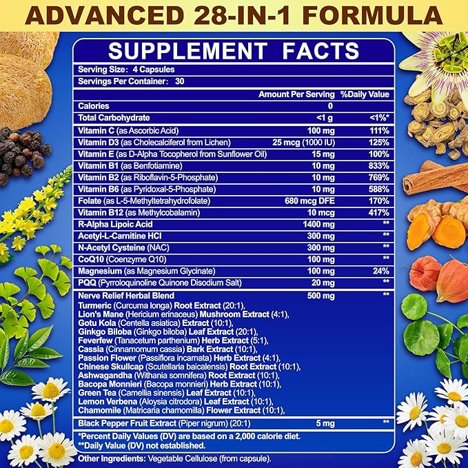 R Alpha Lipoic Acid 1400mg Neuropathy Supplements 28-in-1 Stabilized ALA Supplements with L-Carnitine NAC &amp Benfotiamine R-ALA Supplement Antioxidant for Nerve Brain Energy丨Vegan 240 Capsule
