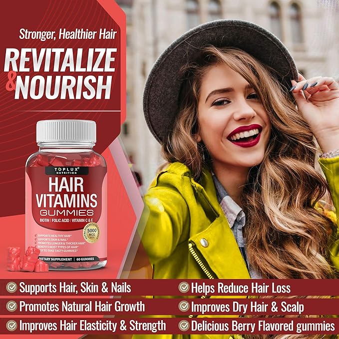 Hair Vitamins Gummies Supplement – Faster Hair Growth Gummy 5000mcg Biotin Folic Acid Vitamin C &amp E Support Stronger &amp Thicker Hair Skin Nails Non-GMO for Men Women 60 Berry Flavored G