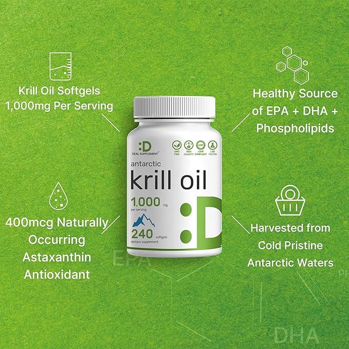 DEAL SUPPLEMENT Antarctic Krill Oil 1000mg Per Serving 240 Softgels – Mercury Free No Fishy Taste – Rich in Omega-3s EPA DHA Astaxanthin &amp Phospholipids – Non-GMO No Gluten
