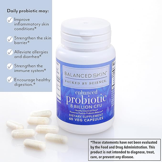 Enhanced Probiotic – 8 Billion CFU | Daily Gut &amp Skin Support Supplement – 3 Targeted Strains for Digestive Balance &amp Skin Health | 60 Vegetarian Capsules | Non-GMO*