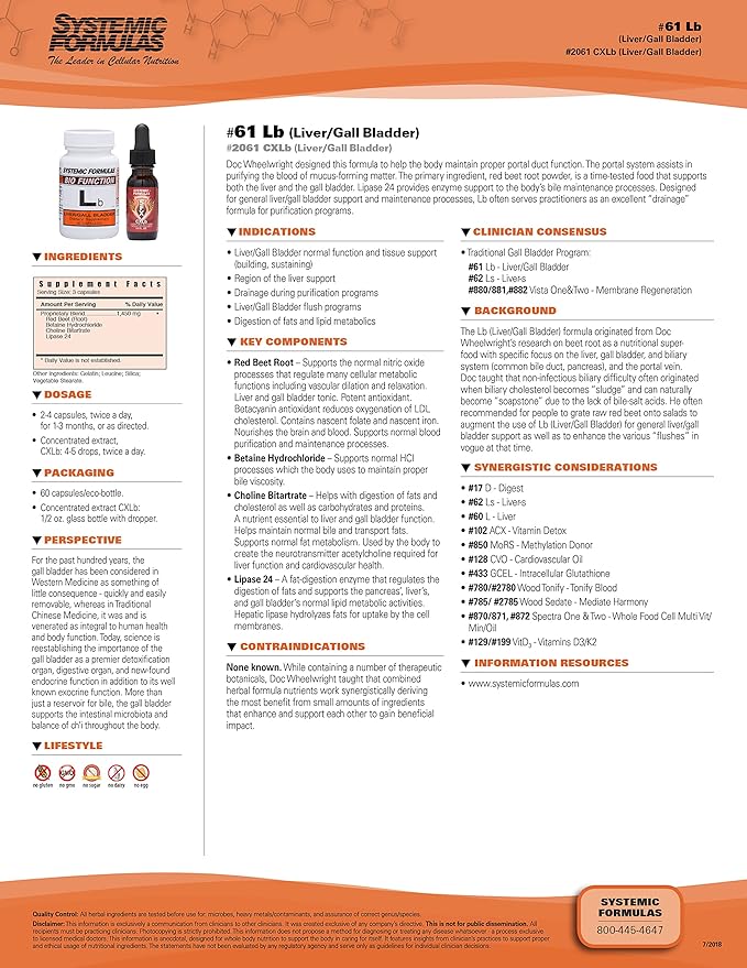 Systemic Formulas Lb – Liver/Gall Bladder 60 Capsules Bio Function #61. Liver + Gall Bladder Support Portal Duct Function Supplement. Contains Red Beet Root Powder.