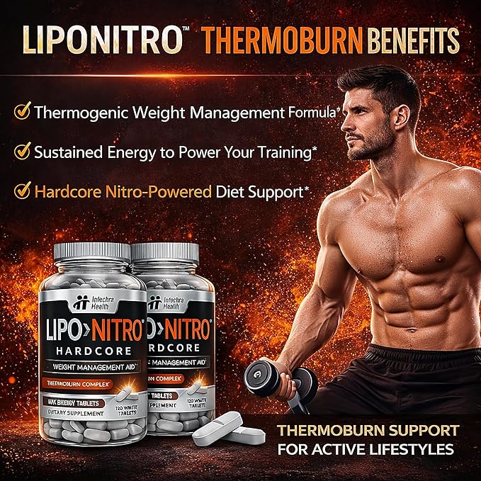 LipoNitro® Thermo-Burn Diet Pills with Nitro Energy Dietary Supplement Manufactured in USA - 120 White Tablets
