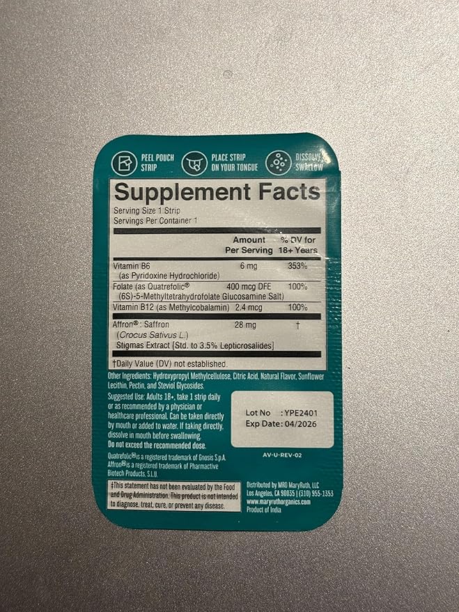 Mood &amp Cognition Dissolving Strips by MaryRuth's | Vitamin B12 | Vitamin B6 | Saffron | Folate | B Vitamins | Sugar Free | Strawberry Flavor | Vegan | Gluten Free | Dairy Free | 30 Count