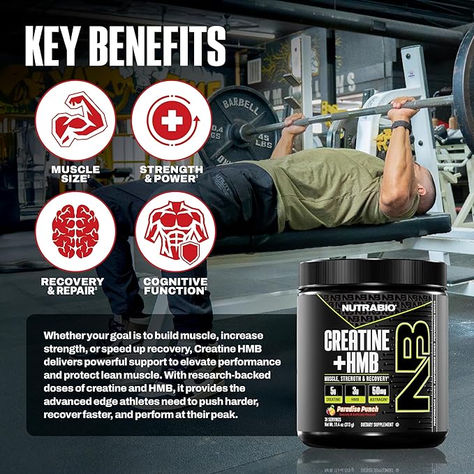 NutraBio Creatine + HMB- Creatine Monohydrate with HMB Powder for Muscle Growth Increased Strength- 30 Servings (Paradise Punch)
