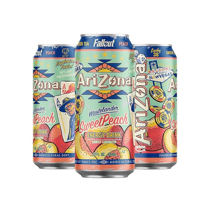 AriZona x Fallout Sweet Peach Green Tea Energy Drink 15 fl oz (Pack of 12) - 190mg Caffeine per Can