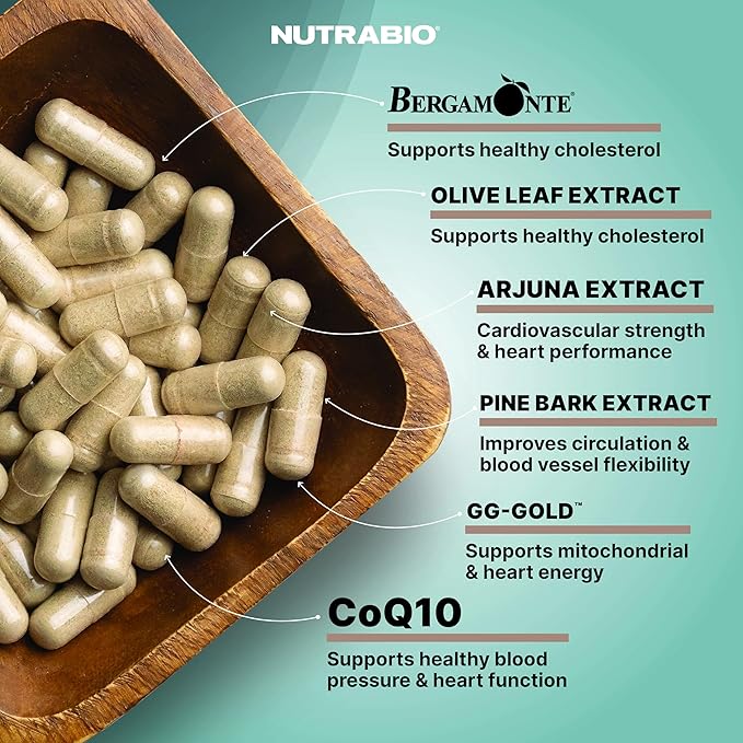 NutraBio Heart - Heart Health Supplements Cardiovascular Supplement Cholesterol Circulatory &amp Healthy Blood Pressure Support - 90 Capsules