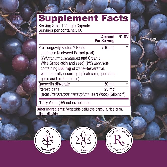 Reserveage Beauty Resveratrol 500 mg with Pterostilbene Antioxidant Supplement for Immune Support &amp Heart Health Supports Healthy Aging Paleo Keto 60 Capsules (60 Servings)
