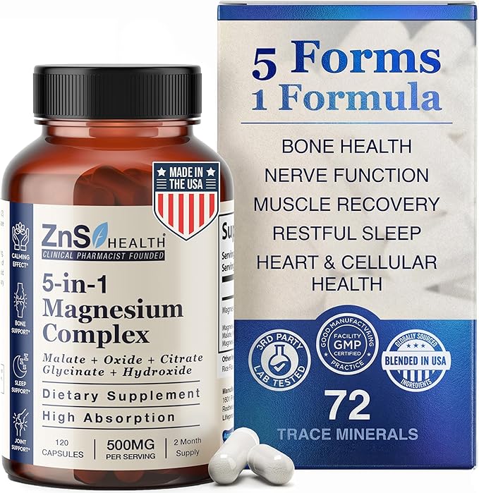 Spectrum 5 Magnesium Complex for Women &amp Men – 5 Magnesium Complex Supplement with Glycinate Malate Citrate &amp Hydroxide for Sleep Muscle Recovery &amp Calm – 500mg Vegan – 120 Capsules