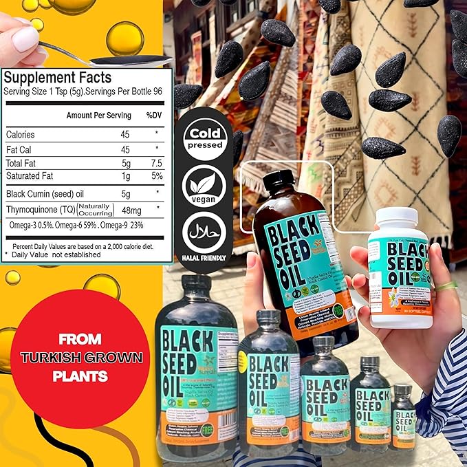 Premium Black Seed Oil Liquid 16 oz - Sugar Free 3 Month Supply Antioxidant Turkish Black Cumin Seed Oil - 3X Thymoquinone First Cold Press Vegan Halal Sweet Sunnah