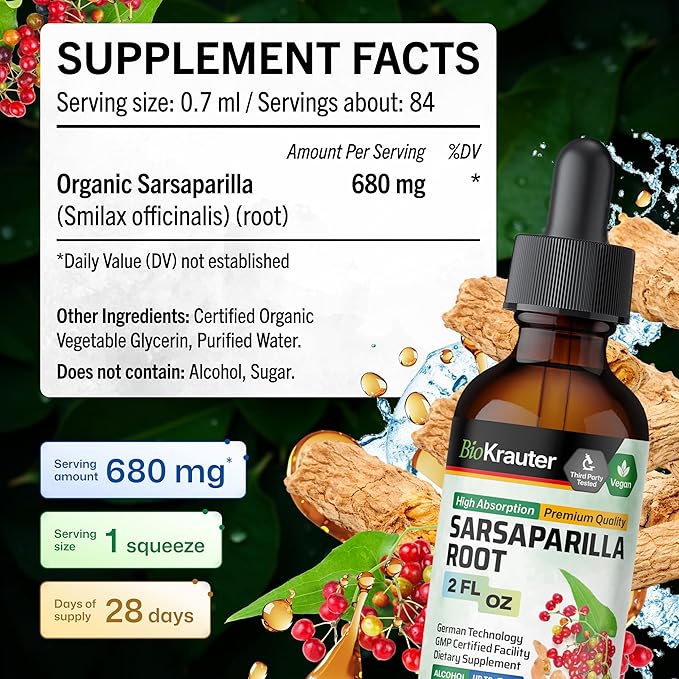 BIO KRAUTER® Sarsaparilla Root for Liver Support - Vegan &amp Pure Liver Supplement for Cleanse 680 mg per Serving - Natural Sarsaparilla Extract - 2 Fl.Oz 28-Day Supply Alcohol &amp Sugar Free